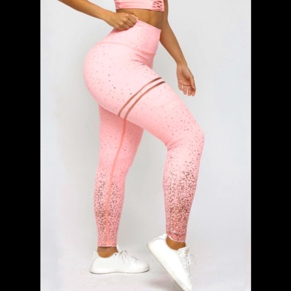Pink High Waist Leggings With Gold Flake athletic Workout Yoga Tights Trousers - Picture 12 of 12